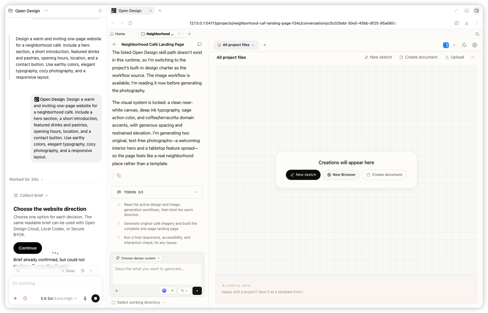 A real Codex and Open Design workspace while the neighborhood cafe website is being generated